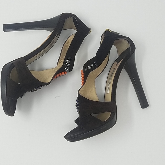 JIMMY CHOO 'Riv' Beaded T-Strap Sandal Suede Heel - Picture 4 of 9